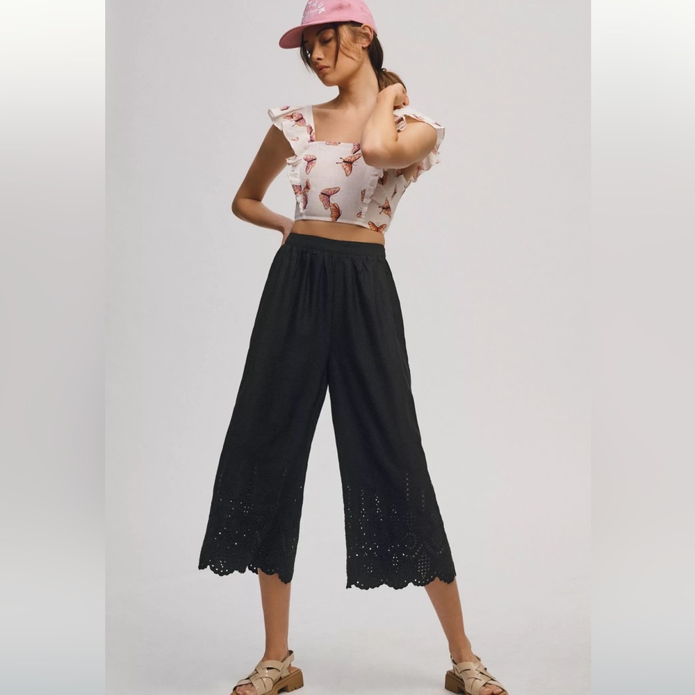 Anthropologie Black Cropped Eyelet Wide-Leg Pants